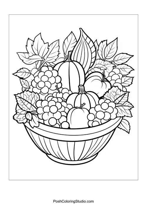 A bowl brimming with fruits and decorative leaves.