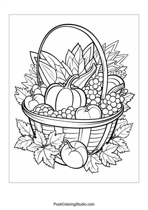 A basket filled with pumpkins, grapes, and leaves.