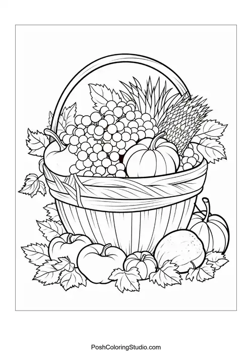 A basket overflowing with pumpkins, grapes, and corn.
