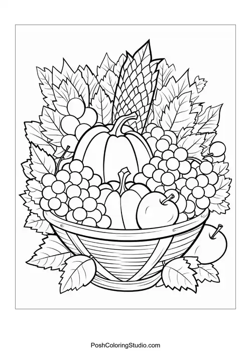 A basket brimming with pumpkins, grapes, and leaves.