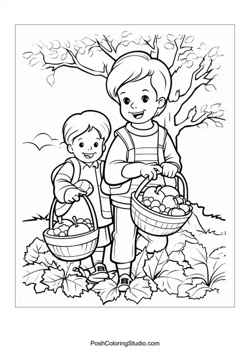 Two children carry baskets filled with fruits.