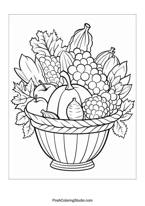 A basket filled with pumpkins, grapes, and gourds.