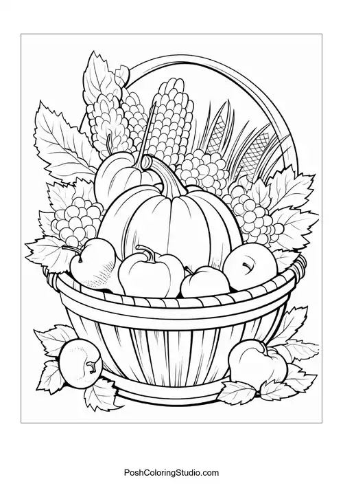 A basket overflowing with apples, grapes, and pumpkins.