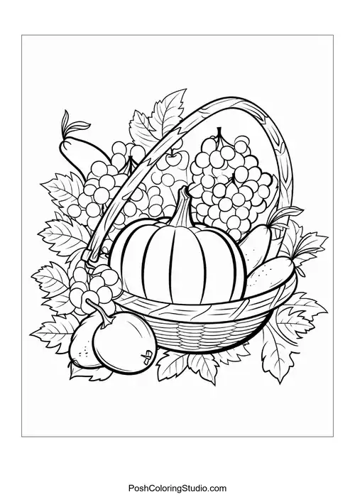 A basket filled with pumpkins, grapes, and apples.
