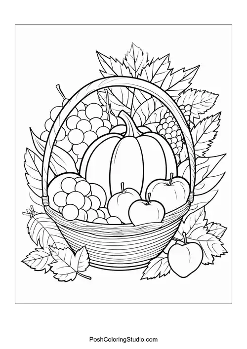A basket filled with pumpkins, grapes, and apples.