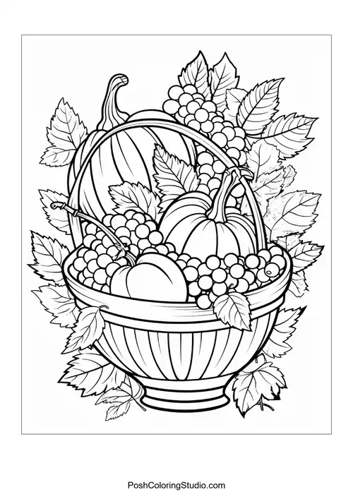 A basket overflowing with pumpkins, grapes, and corn.