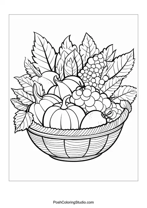 A basket filled with pumpkins, grapes, and leaves.