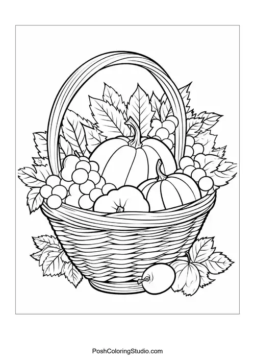 A basket brimming with pumpkins, grapes, and corn.