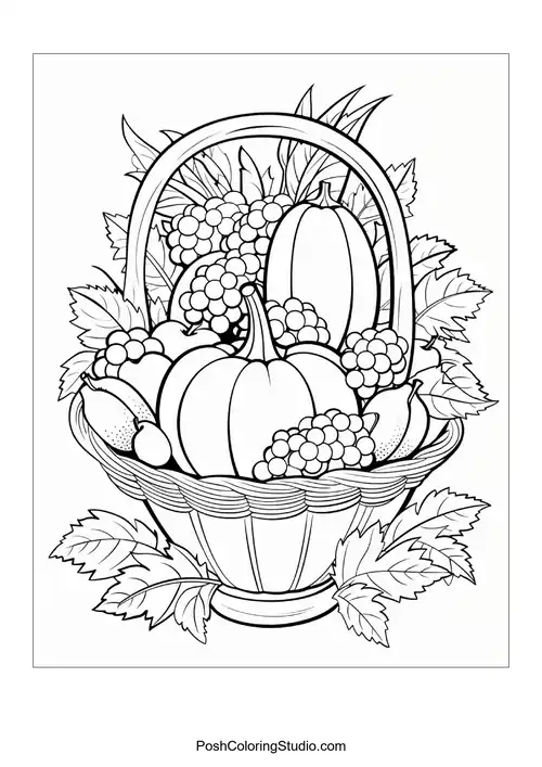 A basket filled with pumpkins, grapes, and leaves.