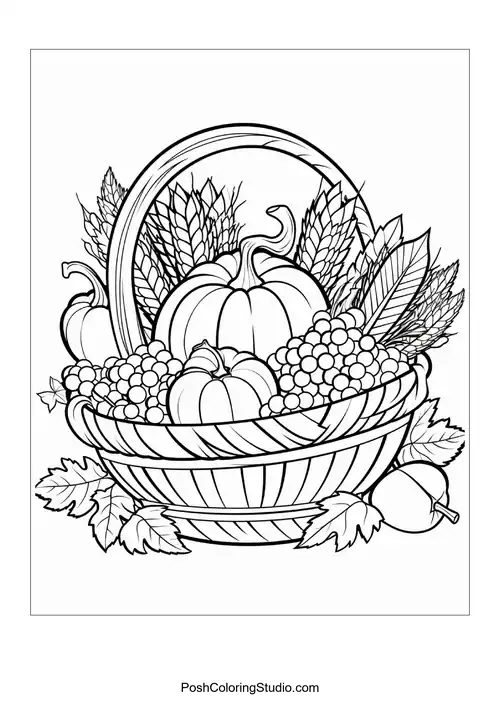 A basket filled with pumpkins, grapes, and leaves.