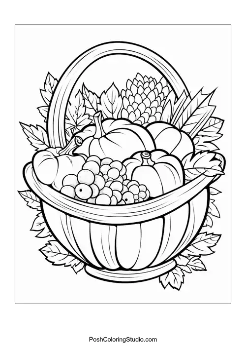 A basket filled with pumpkins, grapes, and leaves.