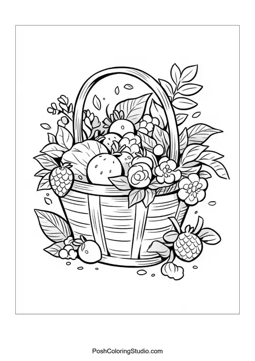 A basket overflowing with fruits and flowers.
