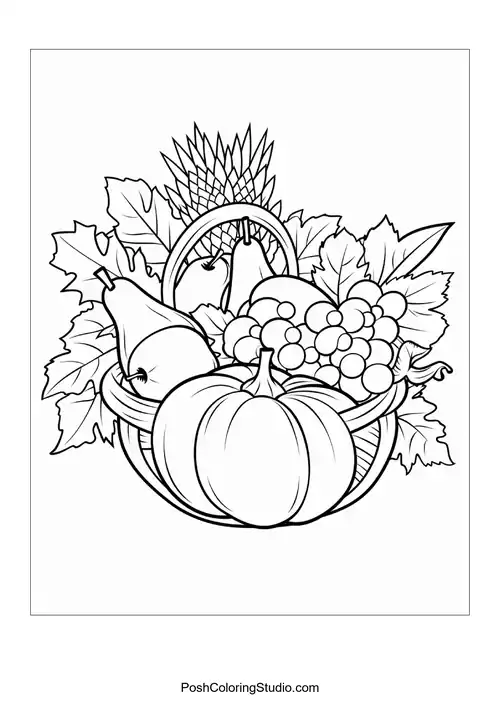 A basket filled with pumpkins and grapes.
