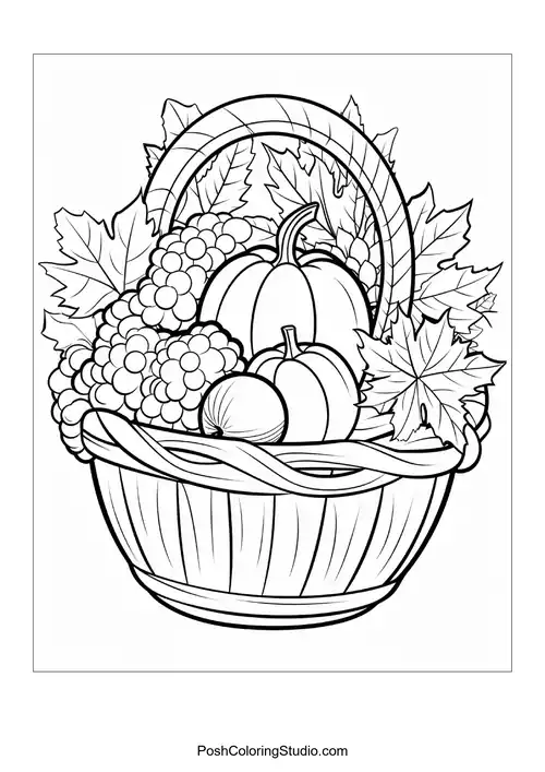 A cornucopia filled with pumpkins and corn.