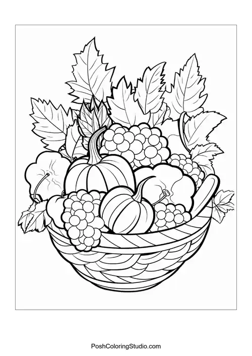 A basket filled with pumpkins and grapes.